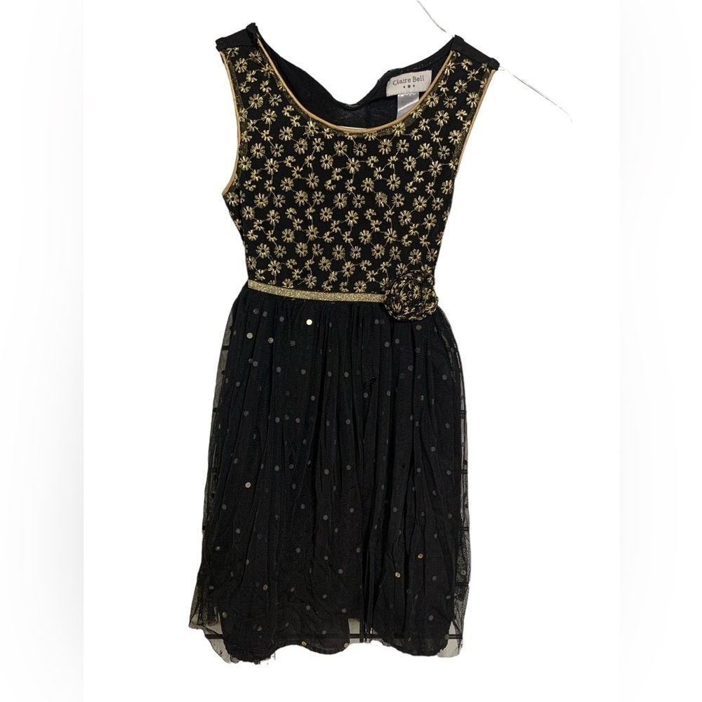 Girls Claire Bell Gold and Black Mesh Flower Dress